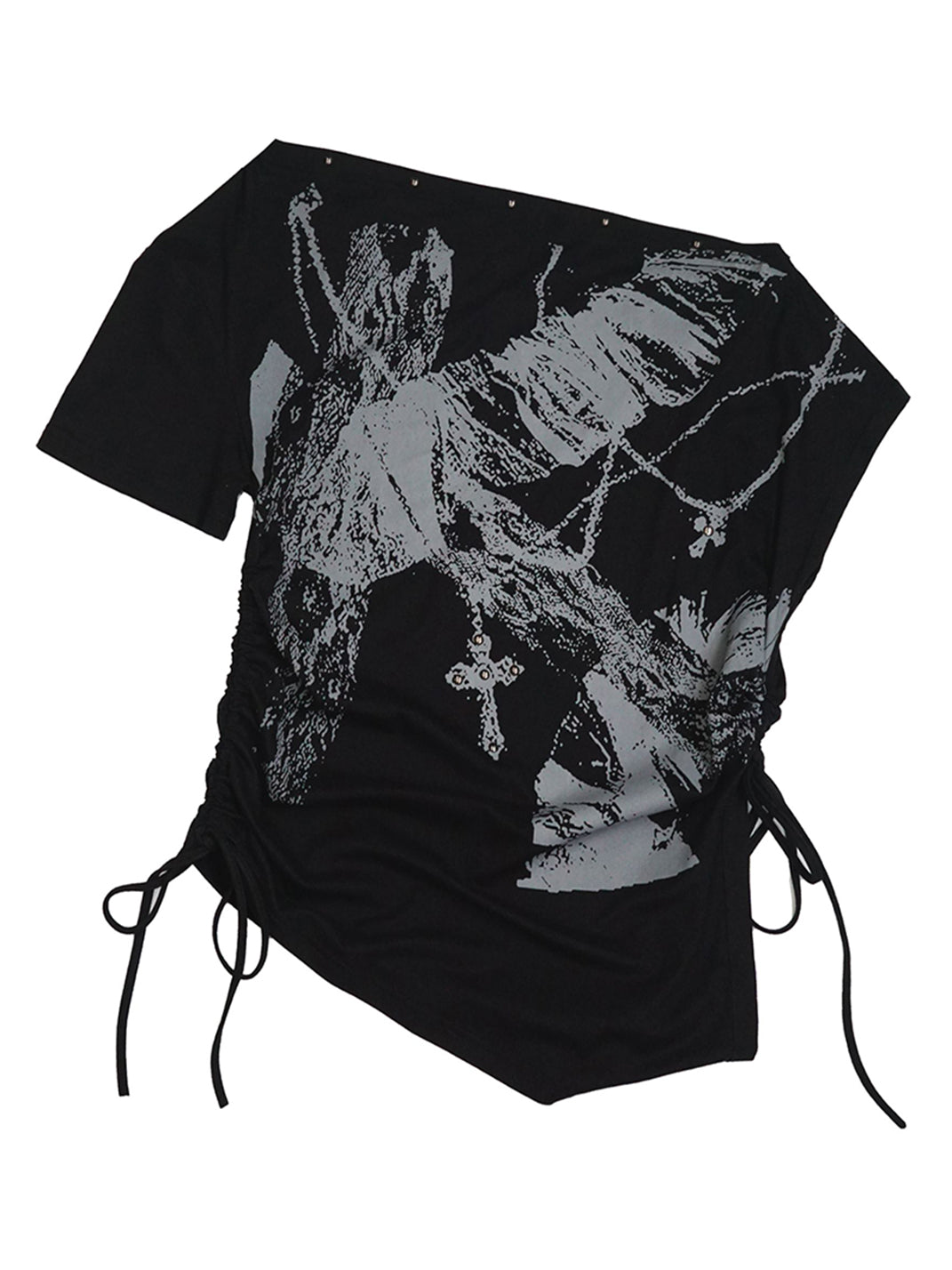 CestNous|Off Shoulder Drawstring Oversize Print Tee-Black - PSYLOS 1, CestNous|Off Shoulder Drawstring Oversize Print Tee-Black, T-Shirt, CestNous, PSYLOS 1